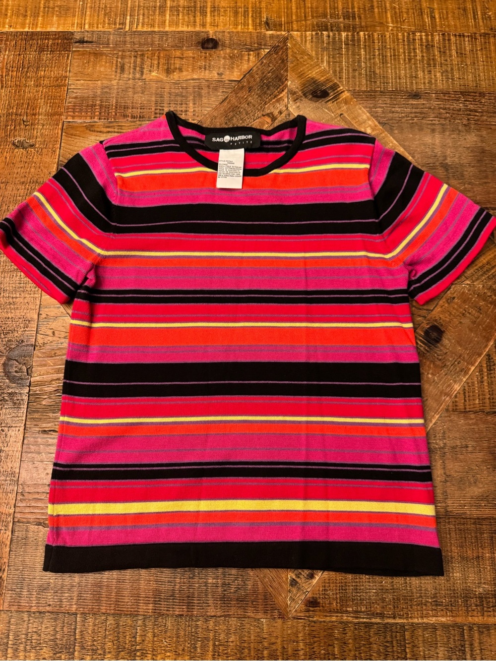 Sag Harbor Pink and Black Striped Short Sleeve Knit Top